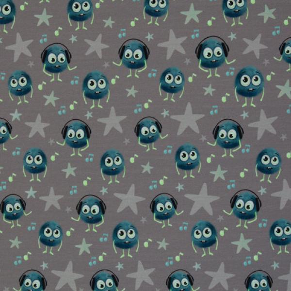 Baumwolljersey kleine Monster Petrol auf Schlamm Mrs.Mint Design by Swafing